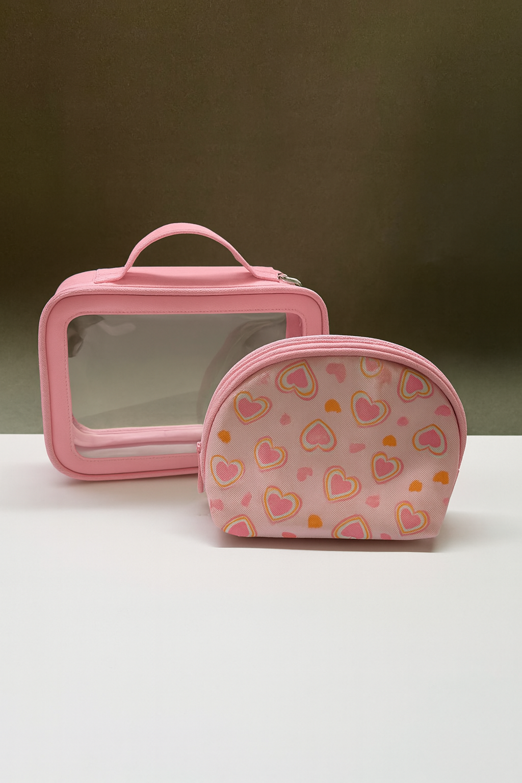 Set Cosmetiquera Transparente + Mini Cosmetiquera de Corazones
