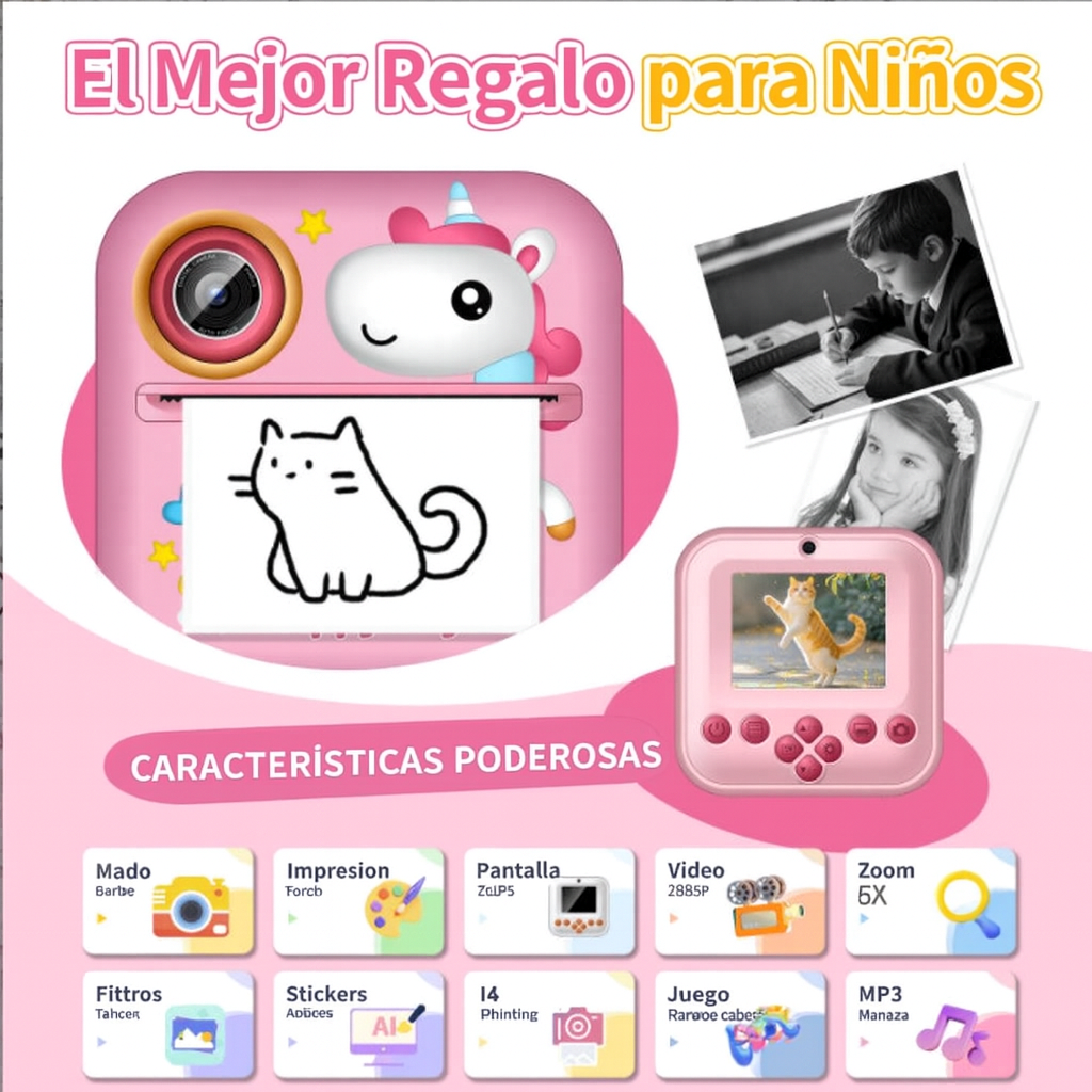 Cámara Infantil Térmica – Impresión Instantánea, Juegos, Música y Video